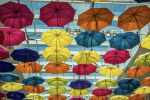 Colorful umbrellas hunging from glass ceiling